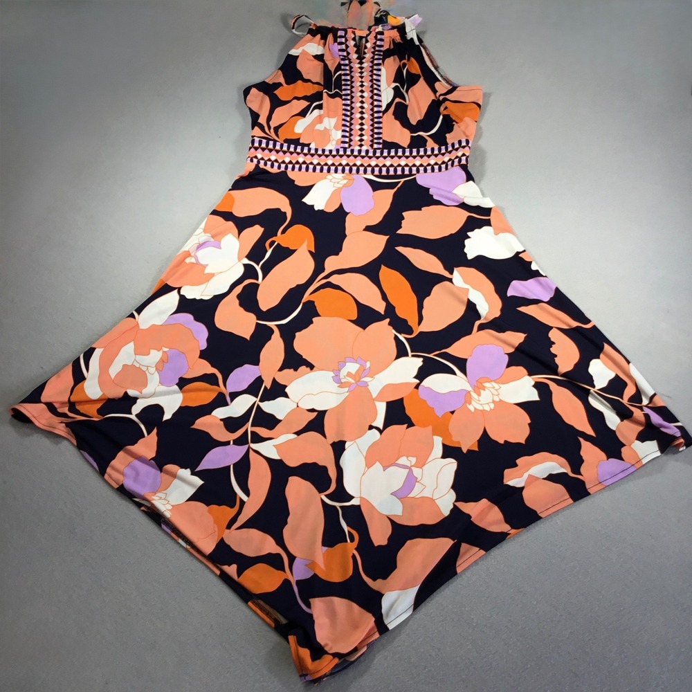 London Times Floral Halter Handkerchief Hem Dress Navy Orange Purple Size 8